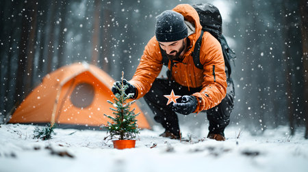 Handsome young man in an orange jacket and black cap with a backpack decorates a Christmas tree in the winter forest.の素材