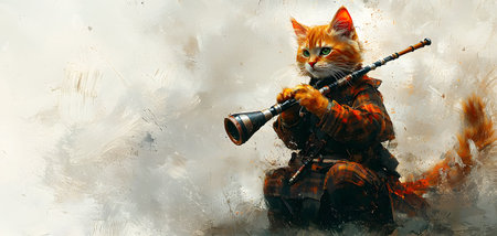 The cat plays the clarinet. The cat is dressed in a military uniform.の素材