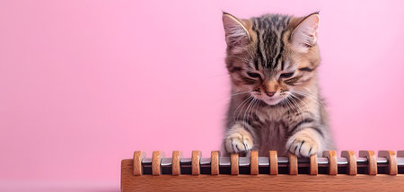 Cute little tabby kitten playing on a piano over pink backgroundの素材