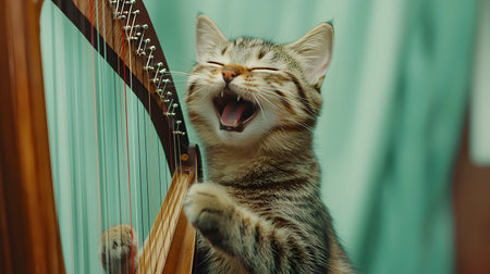 Cute cat playing the harp. Cat on a wooden background.の素材
