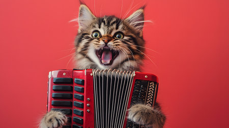 Cute kitten with accordion on red background. Studio shot.の素材