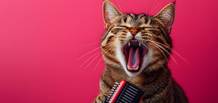 Funny cat with a comb on a pink background. Copy space.の素材