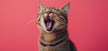 Funny cat with open mouth yawning on pink background, panoramaの素材
