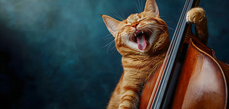 An orange cat joyfully plays a cello, eyes squinted, mouth open in laughter, against a dark, textured background. The joyful atmosphere is palpable and enchanting.の素材