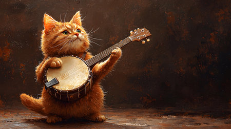 The artwork features a fluffy orange cat playing a banjo, set against a textured, dark background. The cat radiates joy and charm as it strums, creating a whimsical atmosphere.の素材