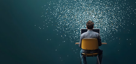 In a cozy workspace, a person sits focused at a desk, sparks of colorful ideas floating in the air.の素材