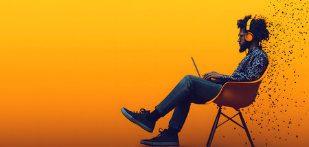 A person wearing yellow headphones sits focused on a laptop, immersed in work. The background is a bright gradient orange, enhancing the creative atmosphere.の素材