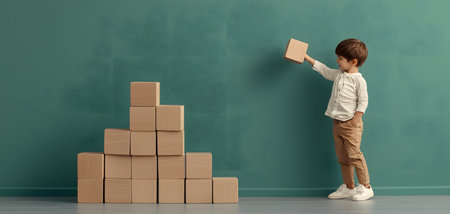 A happy child stacks wooden blocks, eager to build higher. A green backdrop adds vibrant warmth and joy.の素材