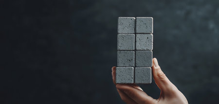 The image features a hand lifting a stack of gray blocks against a dark background, symbolizing effort. The textured blocks seem heavy, adding to the atmosphere of strength and determination.の素材
