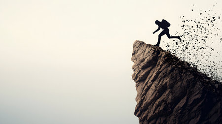 The image captures a silhouetted figure scaling the edge of a rocky cliff, dust and debris cascading, conveying a sense of thrill and challenge against a serene backdrop.の素材