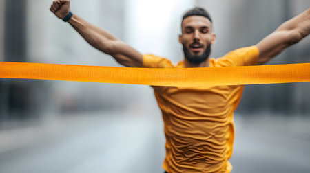 A determined male athlete crosses the finish line with arms raised, displaying triumph and joy. The background is blurred, enhancing the focus on his achievement.の素材