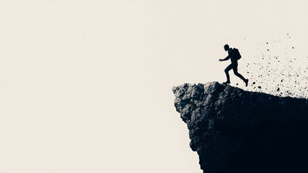 A silhouetted figure with a backpack jumps off a rocky edge, scattering debris, capturing a moment of bravery.の素材