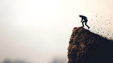 A silhouetted figure climbs a rocky cliff edge, emanating determination and strength amidst a hazy background, symbolizing overcoming challenges and personal growth.の素材