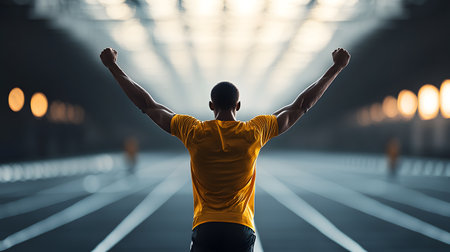 Rear view of sportsman with arms raised standing on stadium trackの素材