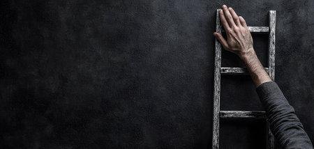 Close up of a man's hand holding a ladder on a black wall backgroundの素材