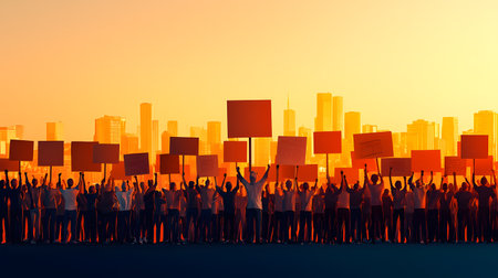 A large crowd, silhouetted with raised fists and banners, demonstrates against injustice at sunset. Background features an urban skyline, creating an inspiring atmosphere of unity.の素材
