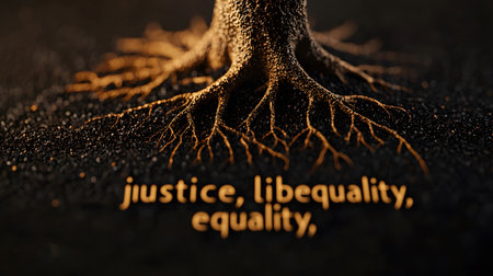 A close-up of a tree's roots symbolizes democracy's foundational values: justice, equality, liberty. The dark background enhances the rich texture and sentiment.の素材