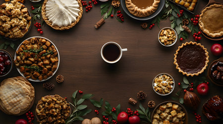 A beautifully arranged Thanksgiving feast featuring various dishes and a coffee cup at the center. The background is solid brown wood, enhancing the festive atmosphere.の素材