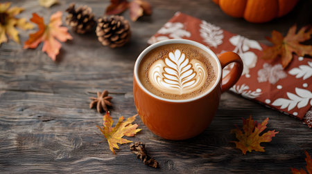 A cozy pumpkin-shaped mug filled with latte art sits on a wooden table, surrounded by fall leaves, pinecones, and spices, creating a warm autumn atmosphere.の素材