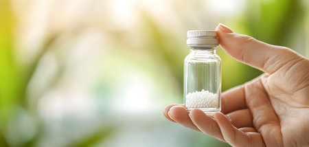 In the image, a hand holds a small vial containing white homeopathic pellets against a soft-focus background. The warm ambiance evokes a feeling of tranquility and healing.の素材