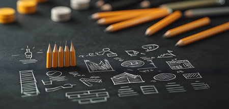 The image showcases bright orange pencils arranged neatly against a black chalkboard covered in doodles illustrating various business concepts and strategies.の素材