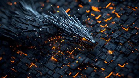 A magnificent dragon with glimmering features navigates a dark, abstract terrain filled with glowing cubes.の素材