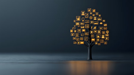 Digital composite of Cloud computing tree with icons against dark background 3dの素材