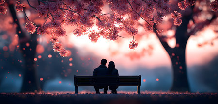 A couple seated closely on a bench, surrounded by vibrant pink blossoms, evoking love and tranquility. The background is softly blurred, creating a serene, dreamy atmosphere.の素材
