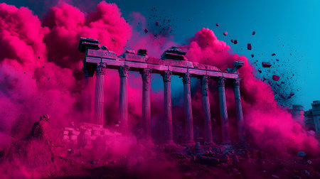 A dramatic explosion engulfs ancient columns, surrounded by vibrant pink smoke, amid a surreal backdrop. It evokes intensity and a blend of past and modern chaos.の素材