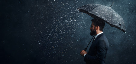 A well-dressed man with a beard holds an umbrella as rain falls around him, creating a dramatic, dark atmosphere filled with emotion and resolve.の素材