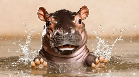 A cute baby hippopotamus is joyfully splashing in the water, with droplets flying around. The background appears solid.の素材