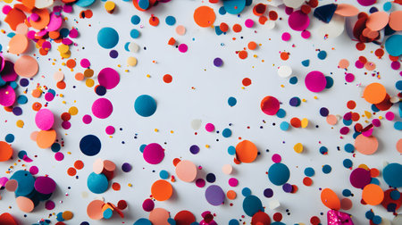 An array of colorful confetti pieces scattered across a bright white surface, creating a festive atmosphere.の素材
