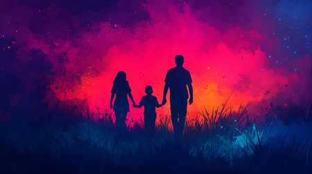 A silhouetted family of three walks hand in hand against a vibrant sunset, conveying warmth and togetherness.の素材