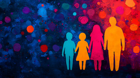 An abstract representation of a family holding hands against a colorful background of painted circles.の素材