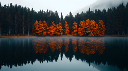A serene lake showcases vibrant orange pines reflecting in the calm water, creating an enchanting atmosphere amidst misty hills.の素材