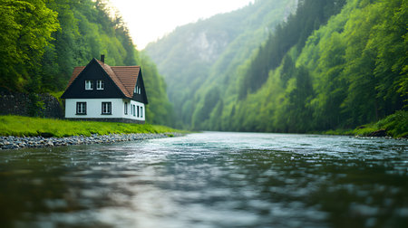 A picturesque river flows gently past a quaint house surrounded by vibrant greenery and mountains. The atmosphere is tranquil and refreshing.の素材