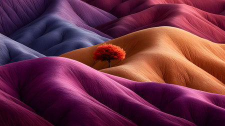 The image showcases colorful rolling dunes in various hues, with a vivid red tree standing solitary, emphasizing the serene yet vibrant desert atmosphere.の素材