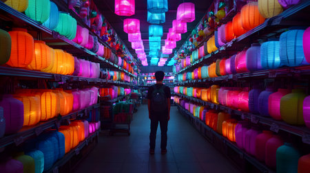 A person stands in awe within a bustling marketplace, surrounded by glowing lanterns in vivid colors. The atmosphere is enchanting and festive, filled with wonder.の素材