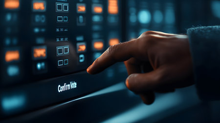 A close-up of a hand midway to pressing the 'Confirm Vote' button on a sleek electronic voting machine.の素材