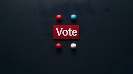 A striking red sign with the word 'Vote' is centered above three colorful balls on a dark background.の素材
