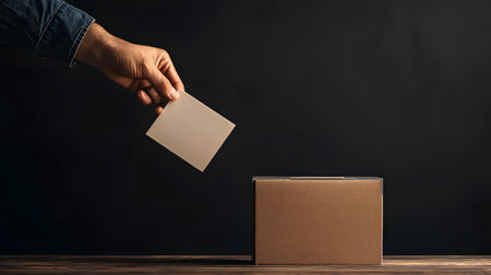 A hand with a ballot gently drops into a plain voting box, set against a dark background, symbolizing civic engagement and the voting process.の素材