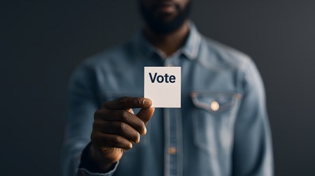 Man showing the word VOTE on a white piece of paper.の素材