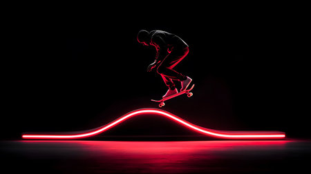 A skateboarder executes a trick mid-air over a glowing ramp in a dark environment, radiating energy.の素材