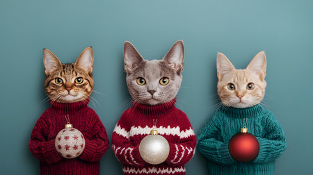 Three cats in colorful Christmas sweaters hold festive ornaments against a solid turquoise backdrop. They exude joyful holiday spirit.の素材