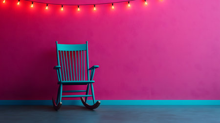 A turquoise rocking chair stands against a vibrant pink wall, accentuated by warm hanging lights, creating a cozy ambiance. The solid background enhances relaxation.の素材