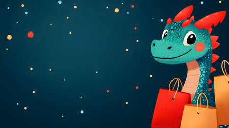 A cheerful dragon holds colorful shopping bags with a playful expression. The background has a dark blue hue, dotted with vibrant, colorful circles, creating a whimsical atmosphere.の素材