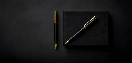 This image showcases two elegant black pens placed beside a textured black case on a solid black background, enhancing their sophisticated appeal.の素材
