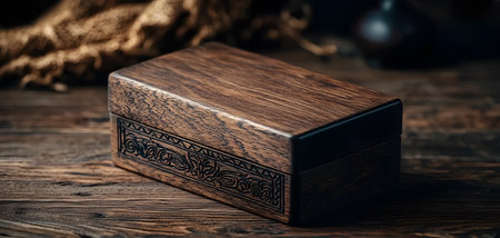 This stunning wooden keepsake box features intricate engravings, capturing warmth and nostalgia. The atmosphere is inviting, suggesting a heartfelt purpose for cherished items.の素材