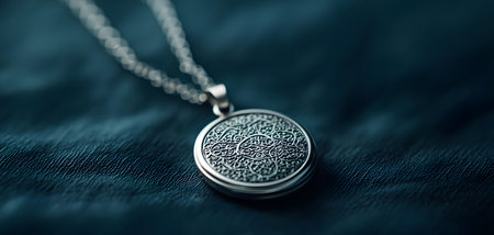 A stunning silver locket with elaborate engravings sits gracefully on textured dark fabric. The atmosphere is serene and polished, radiating elegance and nostalgia.の素材