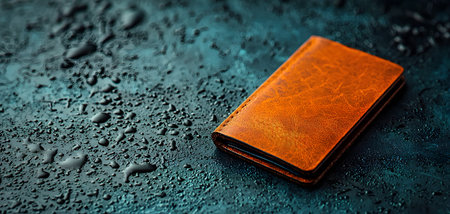 A striking leather bookmark sits on a wet surface, highlighting its texture and warmth amidst droplets. The background is solid and showcases reflections and a moody atmosphere.の素材